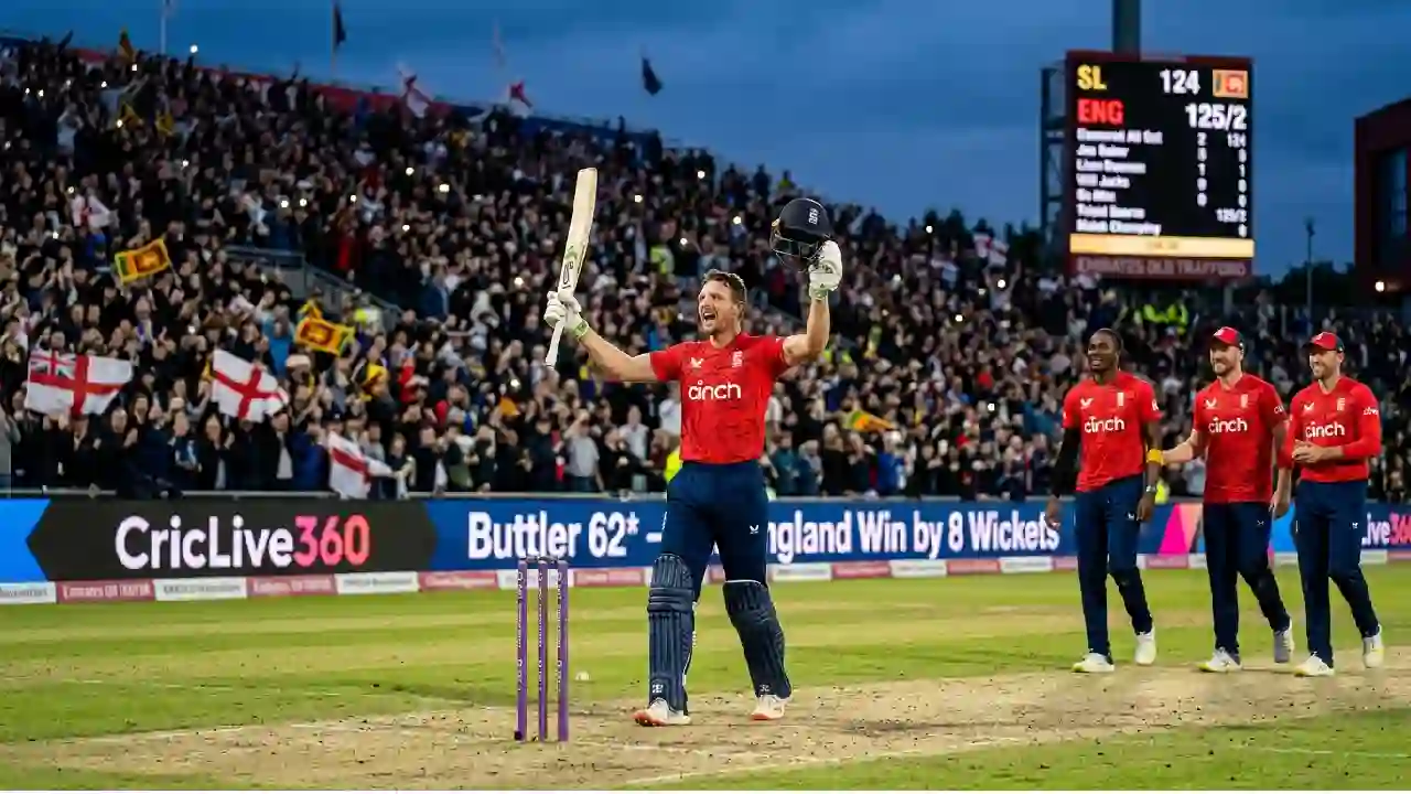 Jos Buttler celebrates after scoring 62 not out against Sri Lanka Caption: