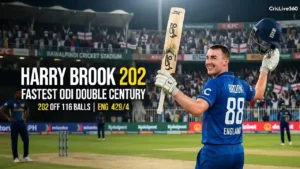 Harry Brook celebrates his record-breaking 202 runs off 116 balls for England against Sri Lanka